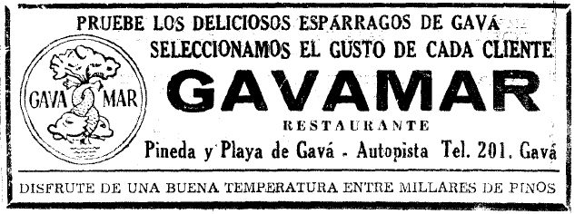 Anunci dels esp�rrecs del Restaurant Gavamar de Gav� Mar publicat al diari LA VANGUARDIA (7 d'Abril de 1957)
